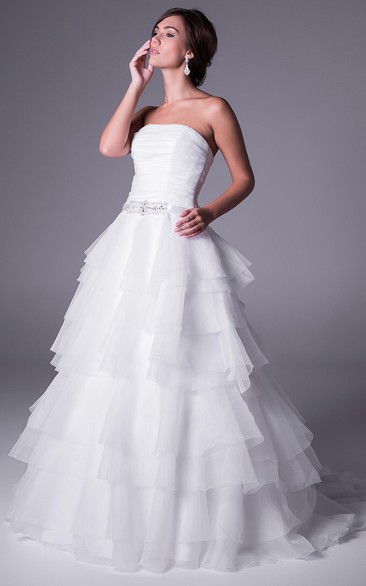 A-Line Tiered Strapless Sleeveless Long Organza Wedding Dress With Waist Jewellery And Ruching