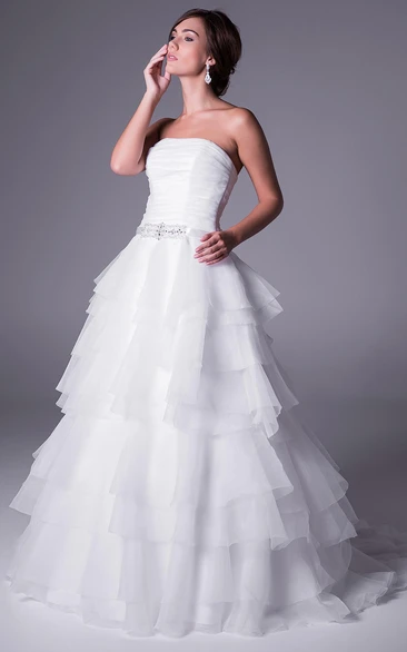 A-Line Tiered Strapless Sleeveless Long Organza Wedding Dress With Waist Jewellery And Ruching