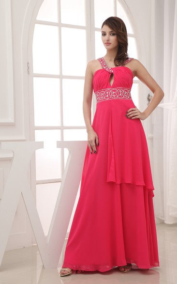 Strapless Chiffon Floor-Length Dress With Beading and Ruching