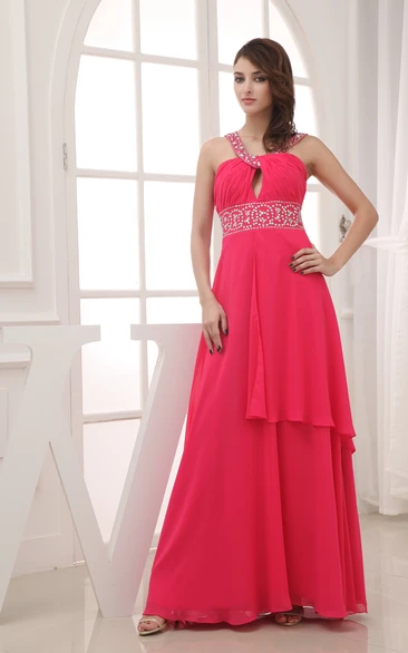 Strapless Chiffon Floor-Length Dress With Beading and Ruching