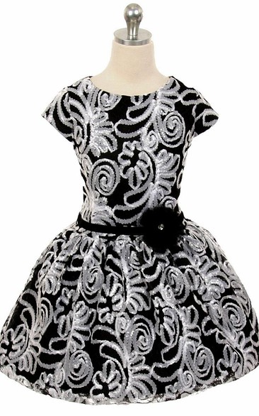 Tea-Length Pleated Tiered Tulle&Sequins Flower Girl Dress