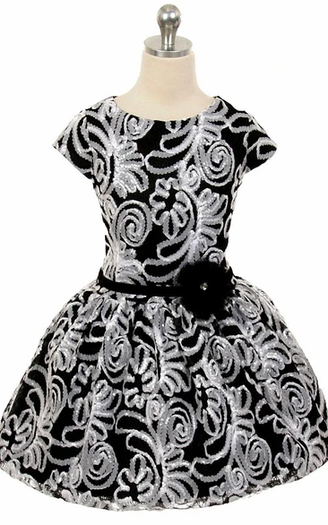 Tea-Length Pleated Tiered Tulle&Sequins Flower Girl Dress