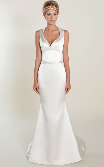 Sheath Sleeveless Floor-Length V-Neck Beaded Satin Wedding Dress With Keyhole Back And Sweep Train