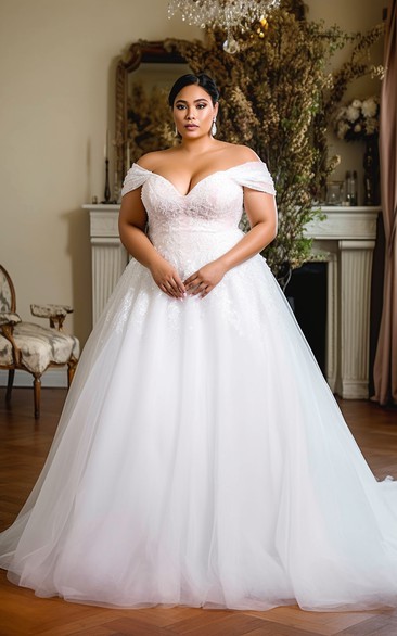 Ball Gown Plus Size Off-the-shoulder Tulle A-line Wedding Dress with Lace Top