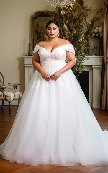 Ball Gown Plus Size Off-the-shoulder Tulle A-line Wedding Dress with Lace Top
