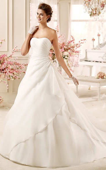 Strapless A-line Wedding Dress with Side Draping and Brush Train