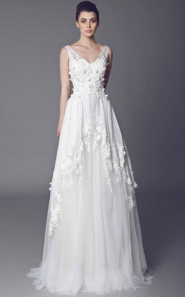 V-Neck Floor-Length Draped Appliqued Tulle Wedding Dress With Court Train And V Back