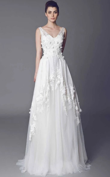 V-Neck Floor-Length Draped Appliqued Tulle Wedding Dress With Court Train And V Back