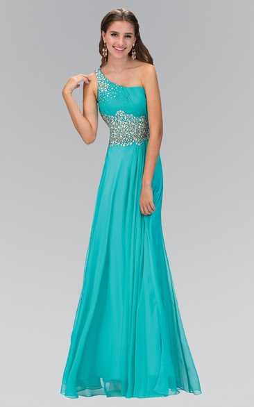 A-Line One-Shoulder Sleeveless Chiffon Dress With Beading And Ruching