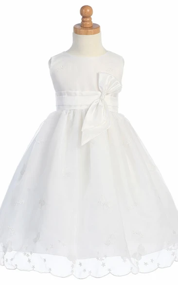 Tea-Length Bowed Embroideried Organza&Taffeta Flower Girl Dress With Split