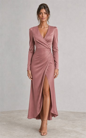 Dusty Rose Satin Wrap Long Sleeve Floor-Length Sheath Dress with Split