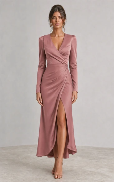 Dusty Rose Satin Wrap Long Sleeve Floor-Length Sheath Dress with Split