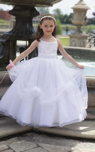 Flower Girl Halter Tulle Ball Gown With Flower