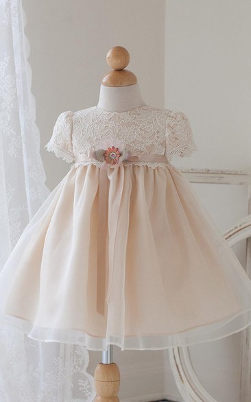 Tea-Length Floral Bowed Lace&Organza Flower Girl Dress With Ribbon