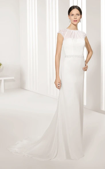 Jewel Neckline Keyhole Back Cap-Sleeved Sheath