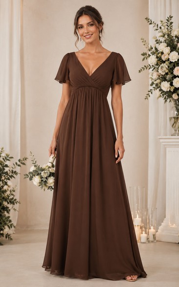 Chocolate V-Neck Short Sleeve Chiffon A-Line Bridesmaid Dress
