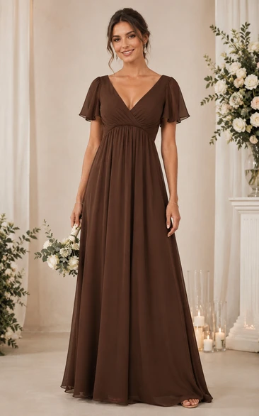 Chocolate V-Neck Short Sleeve Chiffon A-Line Bridesmaid Dress