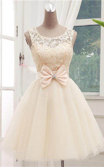 Timeless Sleeveless Lace Cocktail Dress Bowknot Tulle Short Prom Gowns