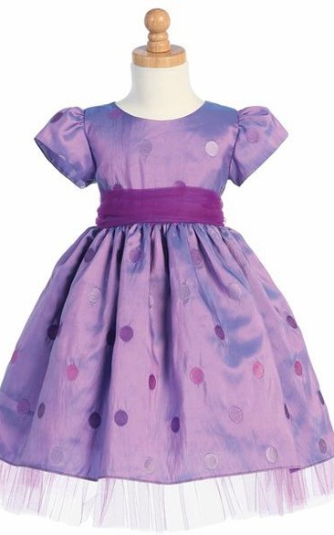 Tea-Length Bowed Cap-Sleeve Tulle&Taffeta Flower Girl Dress