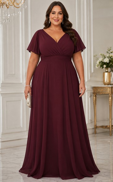 Plus Size Burgundy V-Neck Flutter Sleeve Chiffon Formal Dress