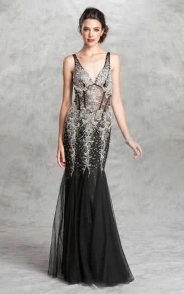 Sheath Long V-Neck Sleeveless Low-V Back Dress With Beading