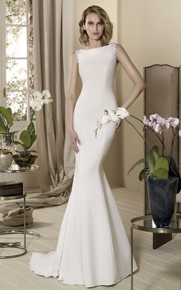 Sheath Floor-Length Beaded Bateau-Neck Sleeveless Wedding Dress