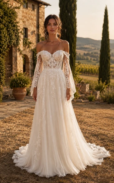 Boho A-Line Wedding Dress Off Shoulder Long Bell Sleeve Sweetheart Tulle Lace Applique Floor Length Chapel Train Ivory