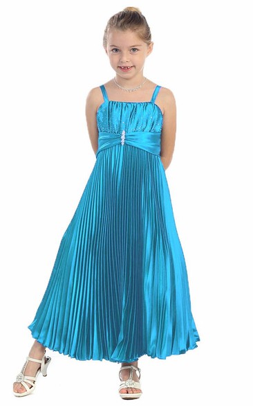 Spaghetti Ankle-Length Pleated Satin Flower Girl Dress