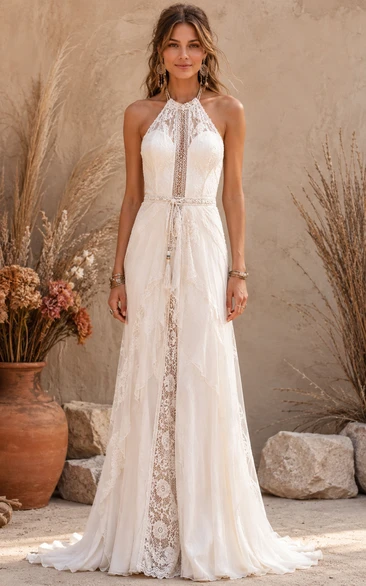 Boho A-Line Wedding Dress Halter Lace Chiffon Floor Length Sweep Train Ivory