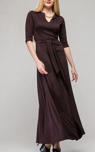 V Neck Half Sleeve A-line Pleated Jersey Ankle Length Dress With Sash
