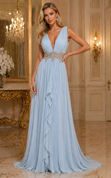 Sleeveless V-neck Long Chiffon Ruffled Dress with V-back