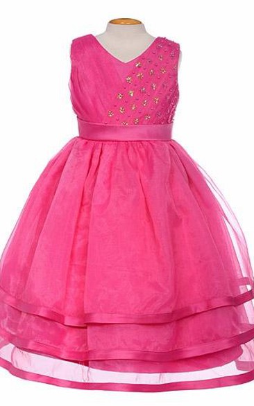 Tea-Length V-Neck Pleated Tiered Organza&Satin Flower Girl Dress With Sash