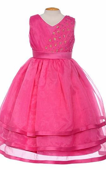 Tea-Length V-Neck Pleated Tiered Organza&Satin Flower Girl Dress With Sash
