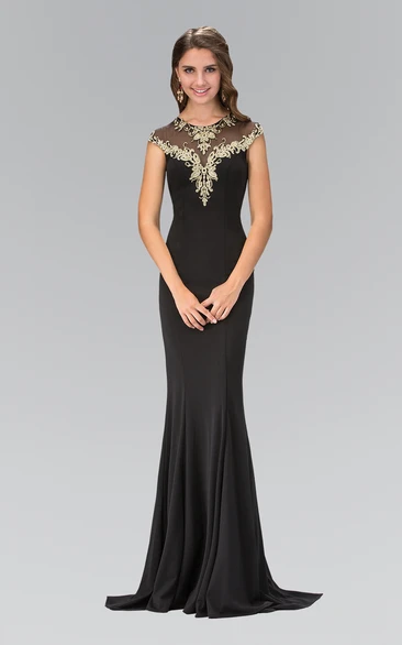 Sheath Long Scoop-Neck Cap-Sleeve Jersey Illusion Dress With Beading