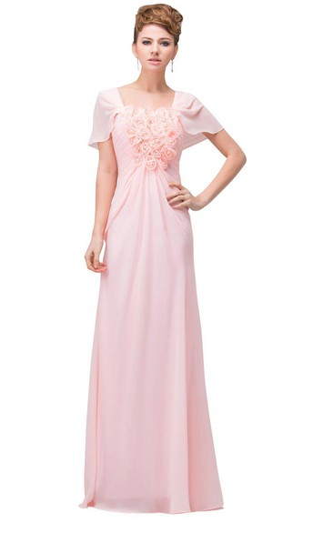 Short-sleeved Chiffon Dress With Floral Bodice