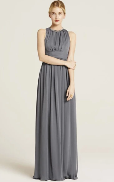 Floor-Length Sleeveless Beaded High Neck Chiffon Bridesmaid Dress With Bow