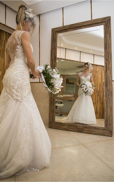 Newest Sequins Mermaid Tulle Wedding Dress Cap Sleeve Court Train