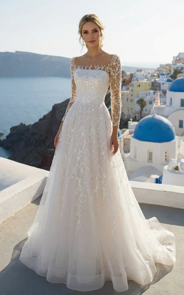 3/4 Sleeve Bateau Neck Elegant Wedding Gown