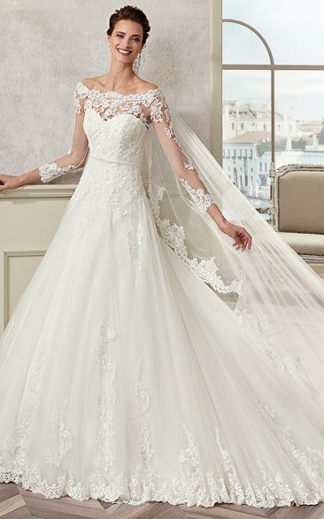 Off-Shoulder Long-Sleeve A-Line Bridal Elegance Gown With Illusive Design And Brush Train