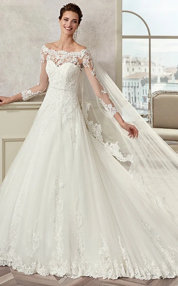 Off-Shoulder Long-Sleeve A-Line Bridal Gown With Illusive Design And Brush Train