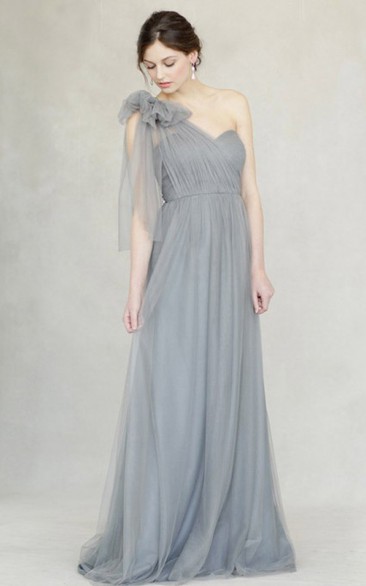 One-Shoulder Empire Sleeveless Floral Tulle Bridesmaid Dress With Straps
