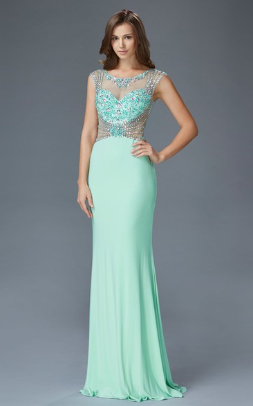 Sheath Scoop-Neck Sleeveless Jersey Illusion Dress With Beading