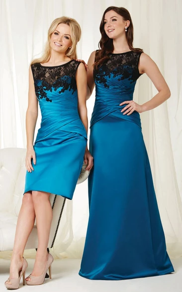 Pencil Short Sleeveless Ruched Scoop Neck Satin Bridesmaid Dress