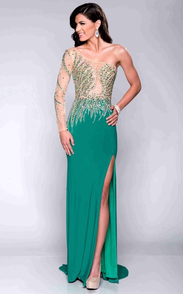 One-Shoulder Column Jersey Prom Dress With Sequined Bodice And Side Slit