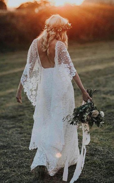 Boho Long Poet Sleeve Lace Front Split Sheath Spaghetti Wedding Dress