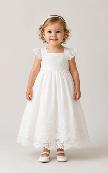 Baby Christening Gown Modest A-Line Short Sleeve Tulle Lace Floor-Length with Bow Sash in Ivory