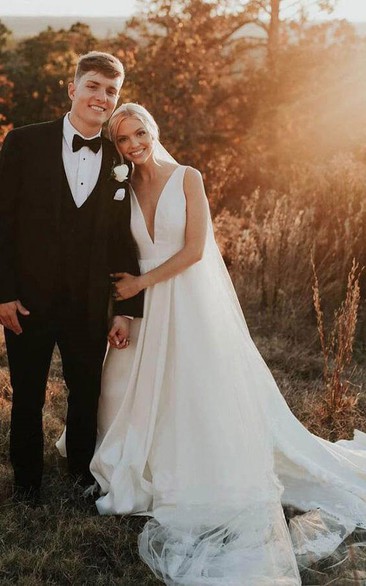 Illusion V-neck Sleeveless A-line Solid Satin Wedding Dress