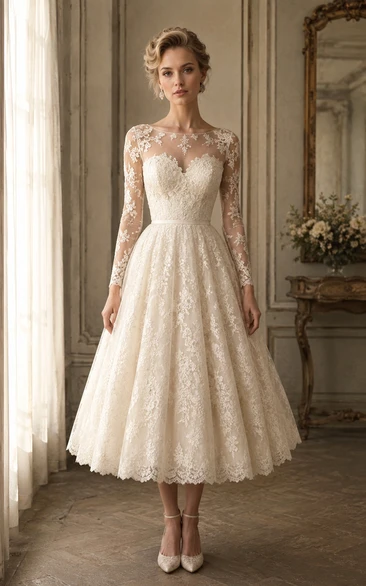 Tea-Length Long Sleeve Lace Vintage Wedding Dress