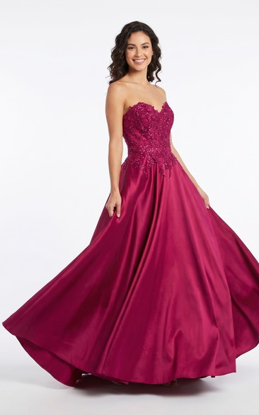 Fuchsia Satin Prom Ball Gown with Strapless Lace Bodice