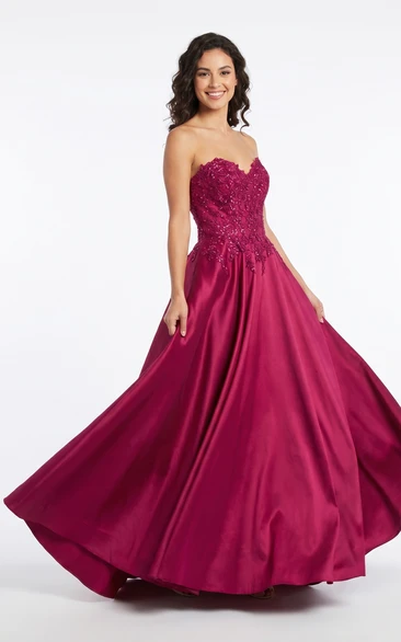 Fuchsia Satin Prom Ball Gown with Strapless Lace Bodice